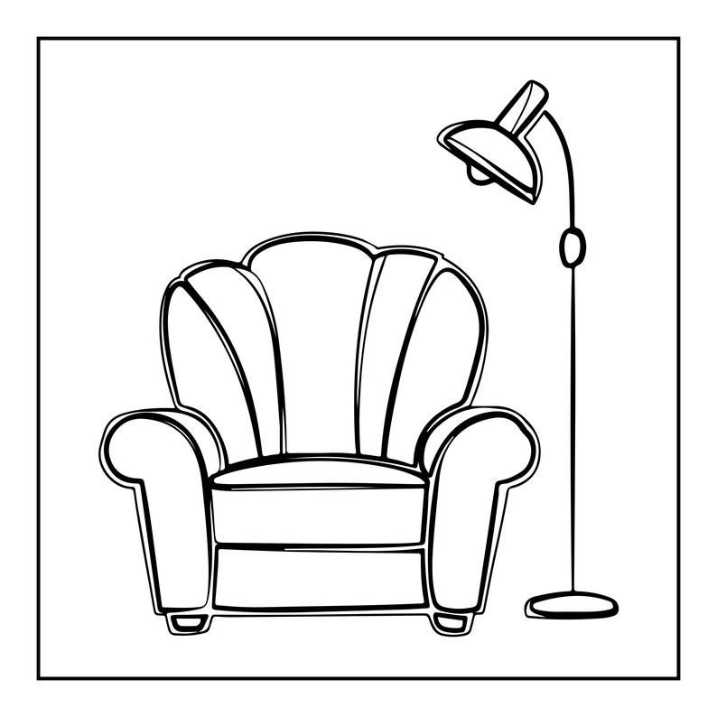 May include: A black and white line drawing of an armchair with a rounded back and curved armrests, positioned next to a tall floor lamp with a single shade. The illustration features bold outlines and simple shapes, depicting the furniture set.