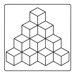 May include: A black and white line art illustration featuring a pyramid-shaped stack of ten identical cubes. The cubes are arranged in a triangular formation with one cube at the top, two in the second row, three in the third, and four at the base.