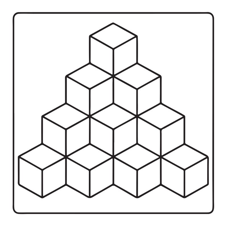 May include: A black and white line art illustration featuring a pyramid-shaped stack of ten identical cubes. The cubes are arranged in a triangular formation with one cube at the top, two in the second row, three in the third, and four at the base.