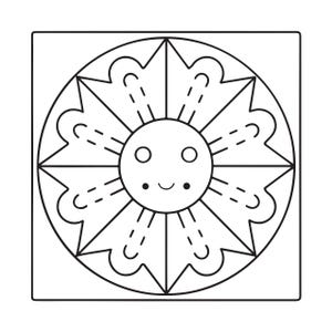 May include: A black and white line art illustration of a circular flower-like shape centered within a square frame. The central circle features a simple smiling face with two eyes and a curved mouth. Eight symmetrical petals surround the center.