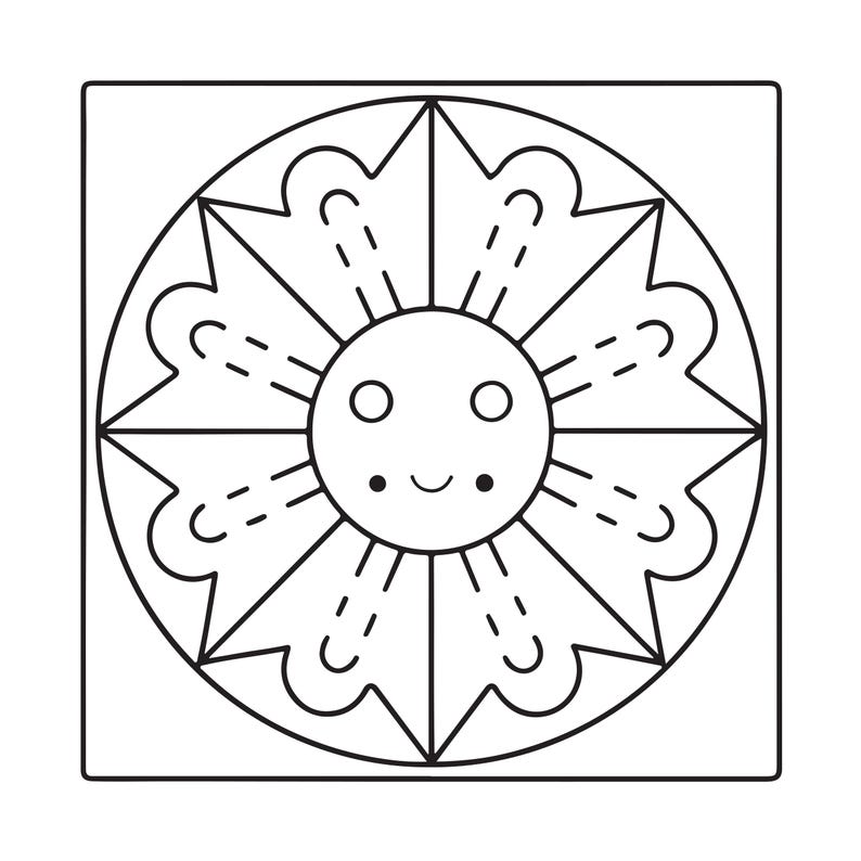 May include: A black and white line art illustration of a circular flower-like shape centered within a square frame. The central circle features a simple smiling face with two eyes and a curved mouth. Eight symmetrical petals surround the center.