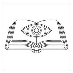A line art drawing of an open book with a large eye symbol in the center, set against a square background.