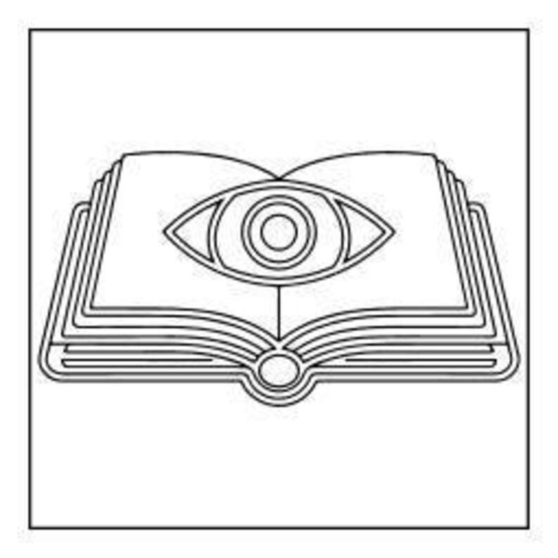 A line art drawing of an open book with a large eye symbol in the center, set against a square background.