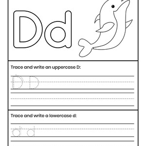 Pu&ograve; includere: Una scheda didattica in bianco e nero con il testo Color the letter Dd and a Dolphin, una grande lettera Dd maiuscola e minuscola e l'illustrazione di un delfino. Sotto ci sono sezioni per tracciare e scrivere la D maiuscola e la d minuscola.