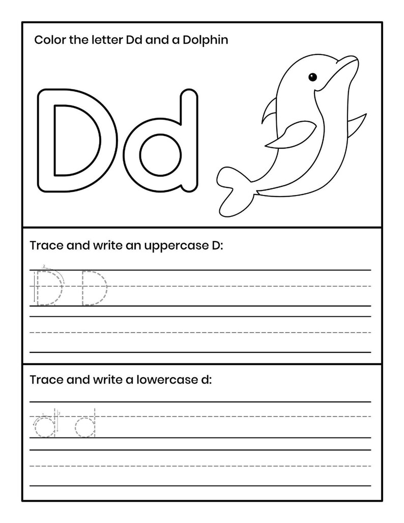Pu&ograve; includere: Una scheda didattica in bianco e nero con il testo Color the letter Dd and a Dolphin, una grande lettera Dd maiuscola e minuscola e l'illustrazione di un delfino. Sotto ci sono sezioni per tracciare e scrivere la D maiuscola e la d minuscola.