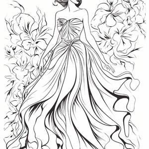 Pu&ograve; includere: Un'illustrazione a linee in bianco e nero che raffigura una figura che indossa un abito senza spalline lungo fino ai piedi, con un corpetto drappeggiato e una gonna voluminosa e fluida. La figura &egrave; circondata da grandi fiori dettagliati.