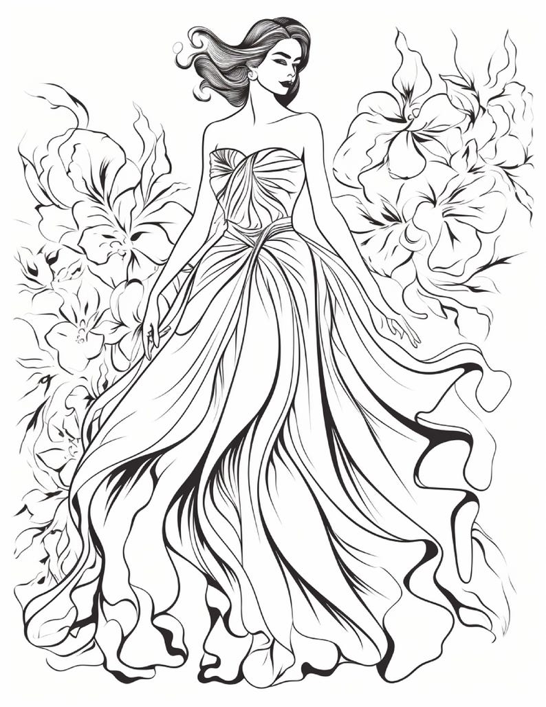 Pu&ograve; includere: Un'illustrazione a linee in bianco e nero che raffigura una figura che indossa un abito senza spalline lungo fino ai piedi, con un corpetto drappeggiato e una gonna voluminosa e fluida. La figura &egrave; circondata da grandi fiori dettagliati.