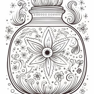 K&ouml;nnte beinhalten: Eine schwarz-wei&szlig;e Strichzeichnung eines bauchigen Gef&auml;&szlig;es mit Deckel. Das Gef&auml;&szlig; zeigt ein gro&szlig;es zentrales Blumenmotiv, umgeben von verschlungenen Ranken, kleinen kreisf&ouml;rmigen Punkten und verschiedenen floralen Mustern auf K&ouml;rper und Hals.