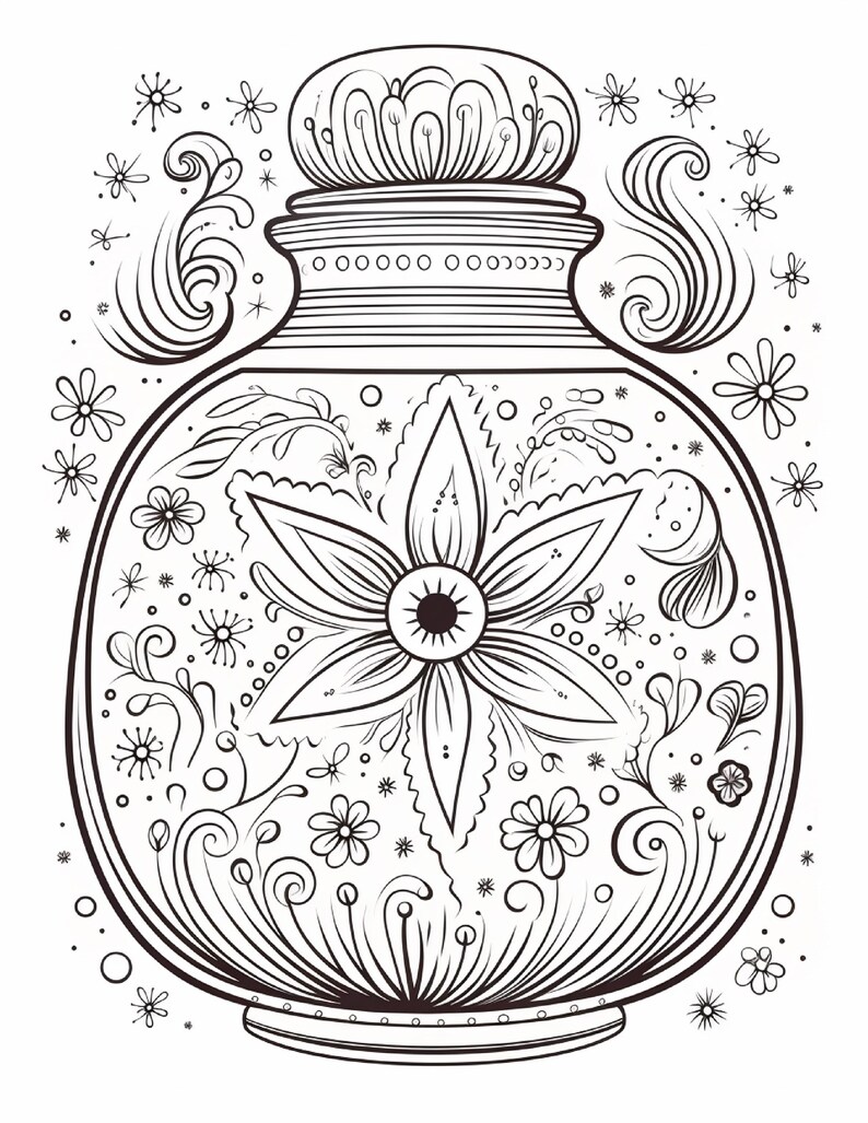 K&ouml;nnte beinhalten: Eine schwarz-wei&szlig;e Strichzeichnung eines bauchigen Gef&auml;&szlig;es mit Deckel. Das Gef&auml;&szlig; zeigt ein gro&szlig;es zentrales Blumenmotiv, umgeben von verschlungenen Ranken, kleinen kreisf&ouml;rmigen Punkten und verschiedenen floralen Mustern auf K&ouml;rper und Hals.