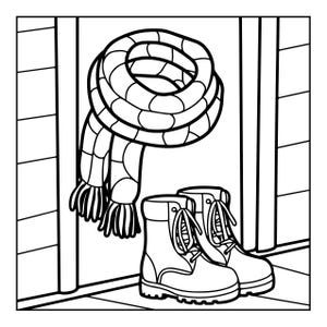 May include: A black and white line art illustration featuring a thick, fringed winter scarf coiled in a circular shape positioned above a pair of sturdy, lace-up ankle boots with thick soles, set against a simple doorway background.