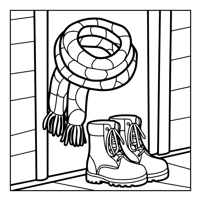 May include: A black and white line art illustration featuring a thick, fringed winter scarf coiled in a circular shape positioned above a pair of sturdy, lace-up ankle boots with thick soles, set against a simple doorway background.
