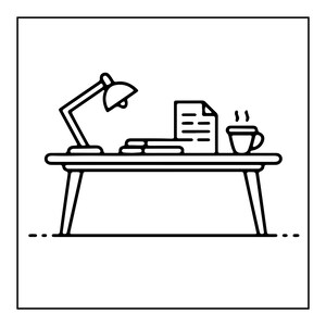 Peut inclure: Une illustration en noir et blanc au trait repr&eacute;sentant un bureau avec une lampe sur la gauche, une pile de papiers au centre et une tasse fumante sur la droite. Le bureau poss&egrave;de quatre pieds et est dessin&eacute; sur un fond blanc uni.