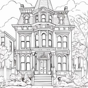 May include: A black and white line art illustration of a multi-story Victorian house with a central tower, arched windows, and a front entrance with stairs. The scene includes surrounding trees, bushes, and a sidewalk leading to the front door.