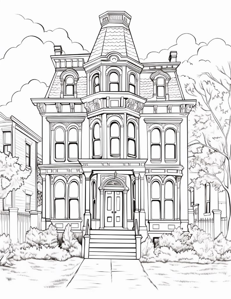 May include: A black and white line art illustration of a multi-story Victorian house with a central tower, arched windows, and a front entrance with stairs. The scene includes surrounding trees, bushes, and a sidewalk leading to the front door.