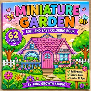 A colorful coloring book cover titled "Miniature Garden Bold and Easy Coloring Book" with a pink cottage, flowers, and a bee.