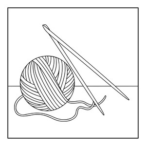 May include: A black and white line art illustration featuring a round ball of yarn with a loose strand trailing at the base, positioned next to two long, slender knitting needles that are angled diagonally across the frame.
