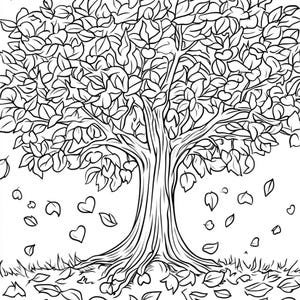 Puede incluir: Una ilustraci&oacute;n de arte lineal en blanco y negro de un &aacute;rbol grande con un tronco grueso y ramas extendidas. El &aacute;rbol est&aacute; cubierto de follaje denso, con numerosas hojas e iconos en forma de coraz&oacute;n cayendo por el aire y en el suelo.