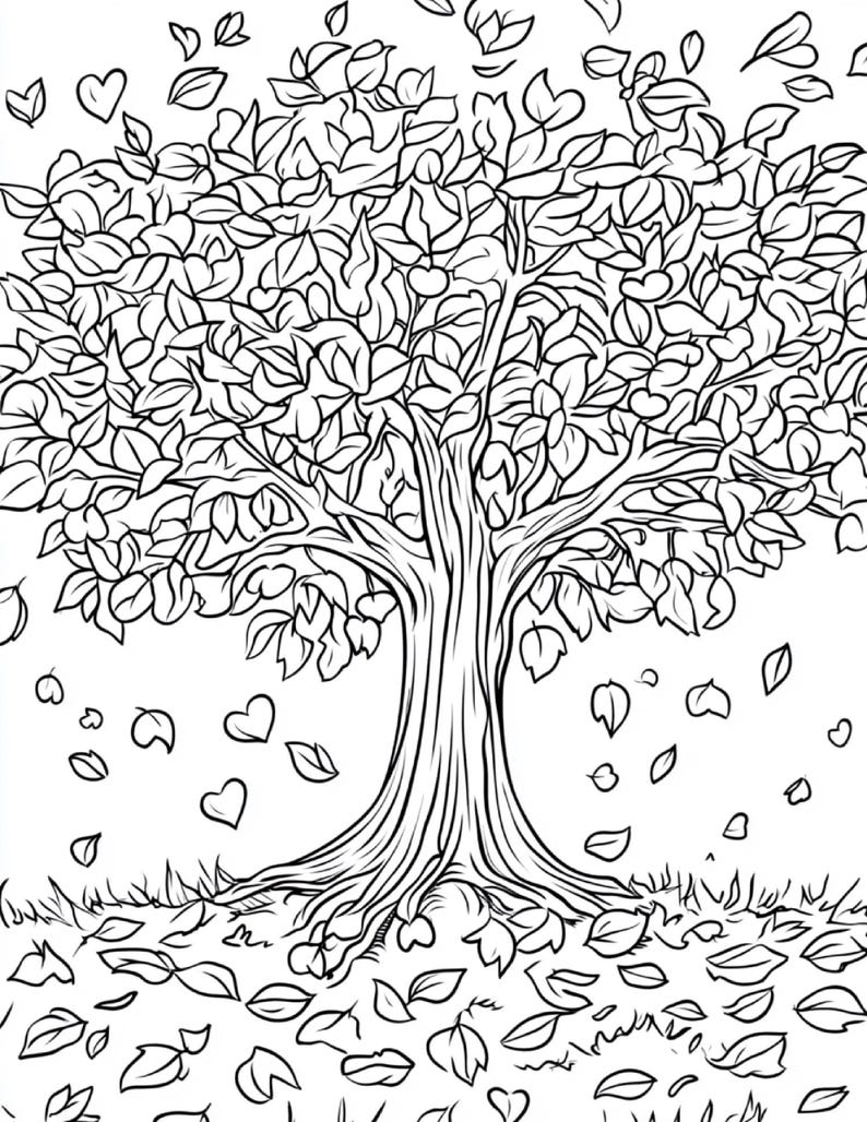 Puede incluir: Una ilustraci&oacute;n de arte lineal en blanco y negro de un &aacute;rbol grande con un tronco grueso y ramas extendidas. El &aacute;rbol est&aacute; cubierto de follaje denso, con numerosas hojas e iconos en forma de coraz&oacute;n cayendo por el aire y en el suelo.