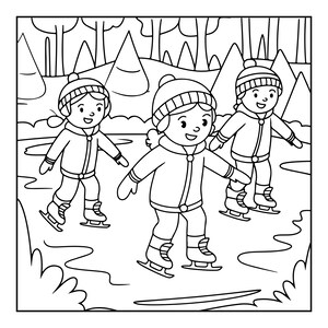 May include: A black and white line art colouring page illustration featuring three children wearing winter jackets, trousers, and knit hats with pom-poms while ice skating on a frozen pond with a background of pine trees and snowy hills.