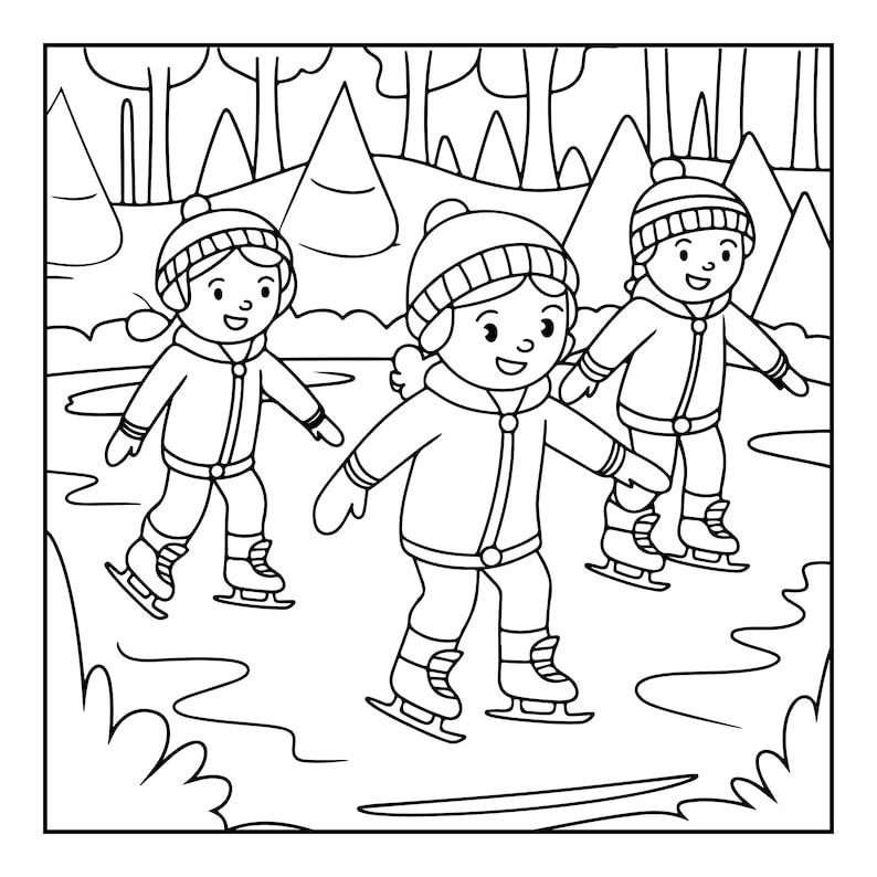 May include: A black and white line art colouring page illustration featuring three children wearing winter jackets, trousers, and knit hats with pom-poms while ice skating on a frozen pond with a background of pine trees and snowy hills.