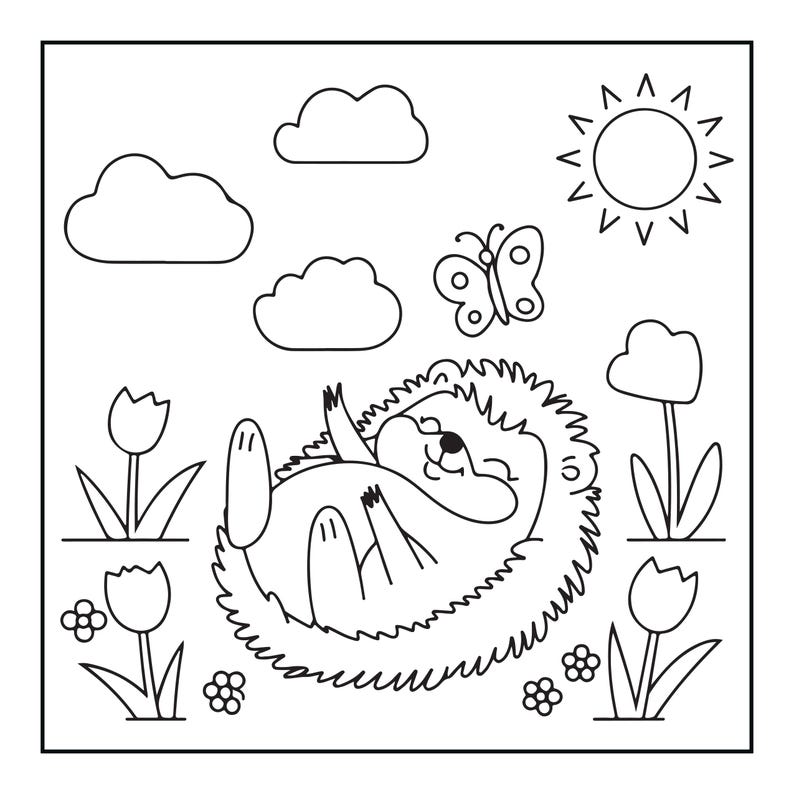 以下が含まれることがあります： 花畑で仰向けになって微笑むハリネズミを描いた、白黒の線画の塗り絵ページ。太陽と光線、3つのふわふわした雲、そして庭でハリネズミの上を飛ぶ蝶が描かれています。