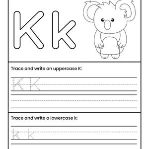 Pu&ograve; includere: Una scheda didattica in bianco e nero con il testo Color the letter Kk and a Koala, il contorno della lettera maiuscola e minuscola Kk, l'illustrazione di un koala e sezioni per tracciare e scrivere la lettera K maiuscola e minuscola.