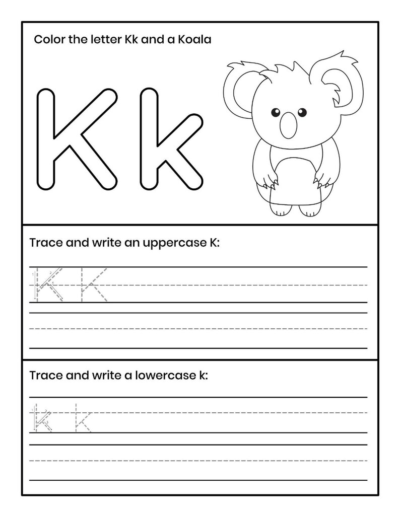 Pu&ograve; includere: Una scheda didattica in bianco e nero con il testo Color the letter Kk and a Koala, il contorno della lettera maiuscola e minuscola Kk, l'illustrazione di un koala e sezioni per tracciare e scrivere la lettera K maiuscola e minuscola.