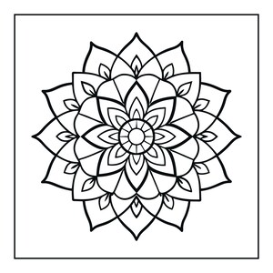 Pu&ograve; includere: Un'illustrazione in bianco e nero a tratto di un disegno mandala simmetrico. Il motivo presenta un nucleo circolare centrale circondato da molteplici strati di forme appuntite simili a petali disposte in una formazione floreale radiale.