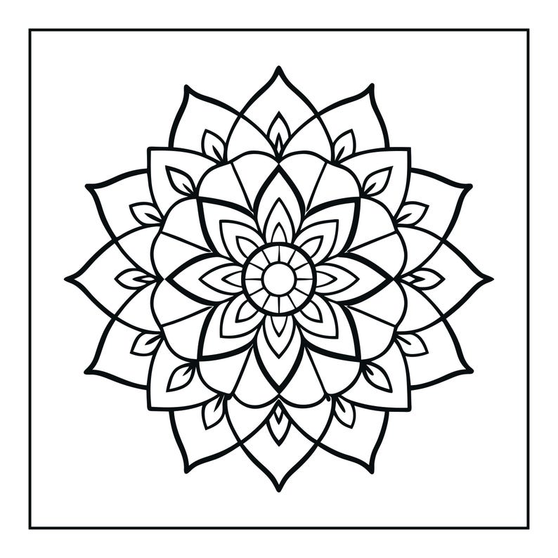 Pu&ograve; includere: Un'illustrazione in bianco e nero a tratto di un disegno mandala simmetrico. Il motivo presenta un nucleo circolare centrale circondato da molteplici strati di forme appuntite simili a petali disposte in una formazione floreale radiale.