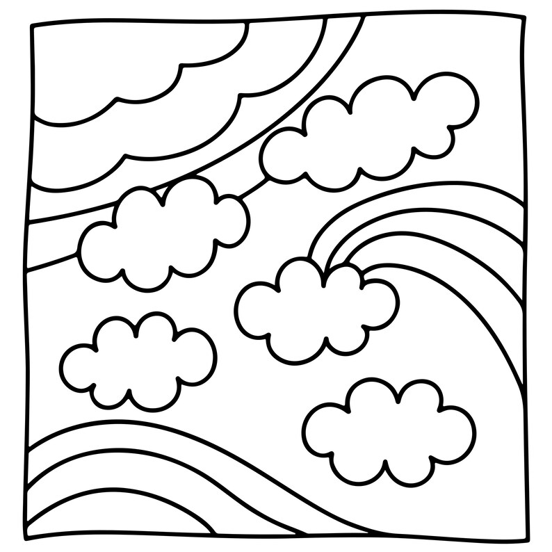 May include: A black and white line art illustration featuring a square frame filled with multiple fluffy clouds and curved rainbow arches. The design consists of bold, clean outlines on a plain white background, creating a simple graphic pattern.