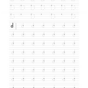 A handwriting practice page displaying rows of dashed lines for forming uppercase and lowercase letter D.