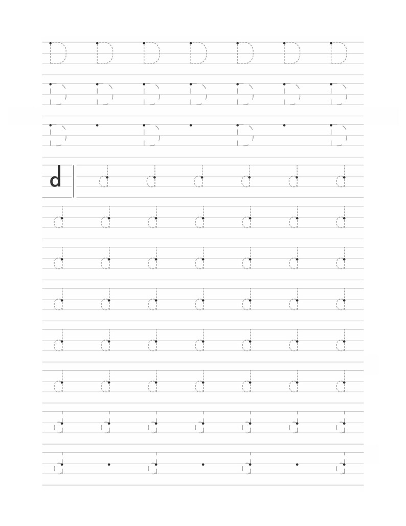 A handwriting practice page displaying rows of dashed lines for forming uppercase and lowercase letter D.