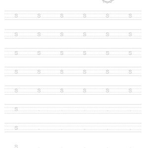 May include: A black and white educational worksheet for practicing the letter S. The page features a large dashed letter S, the word sun, a cartoon sun illustration, and multiple rows of dashed letter S characters for handwriting practice.