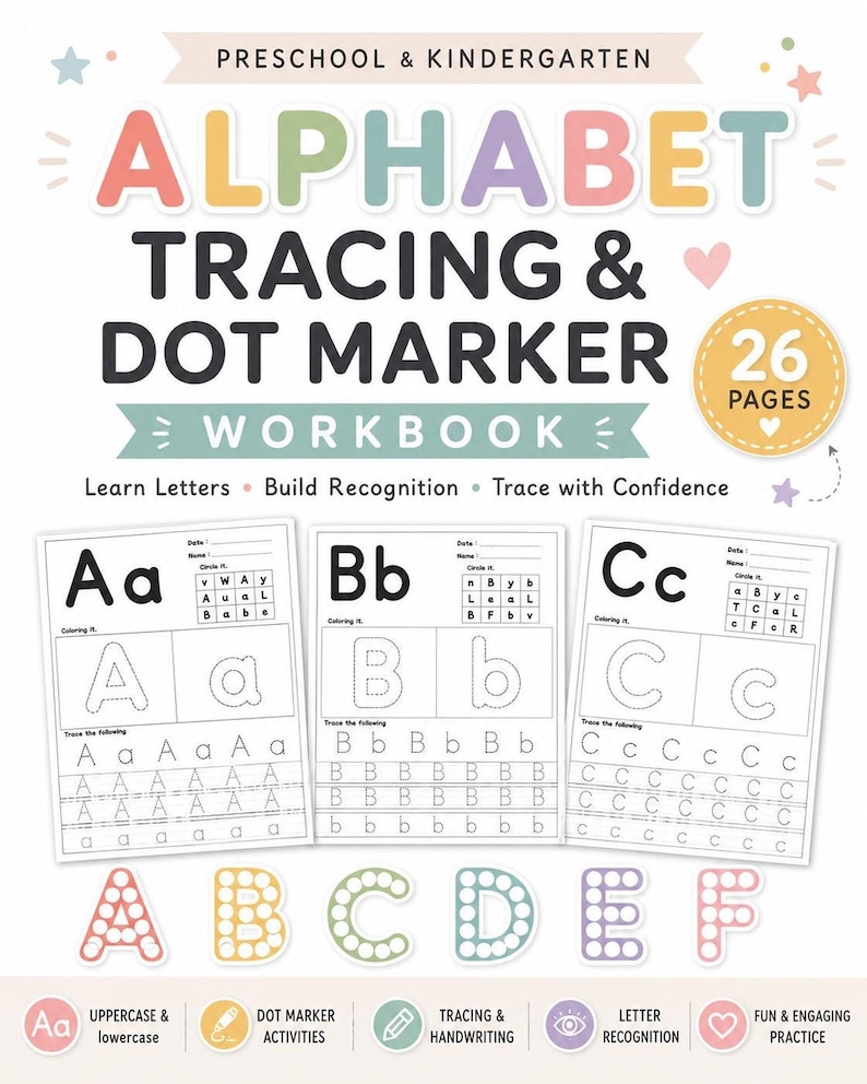 A promotional cover for an alphabet tracing and dot marker workbook showing sample worksheet pages for letters A, B, and C alongside colorful pastel letter graphics.