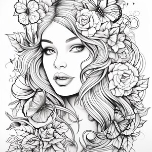 May include: A black and white line art illustration featuring a portrait of a person with long flowing hair adorned with multiple roses and three butterflies. The detailed drawing uses intricate linework to define facial features and petals.