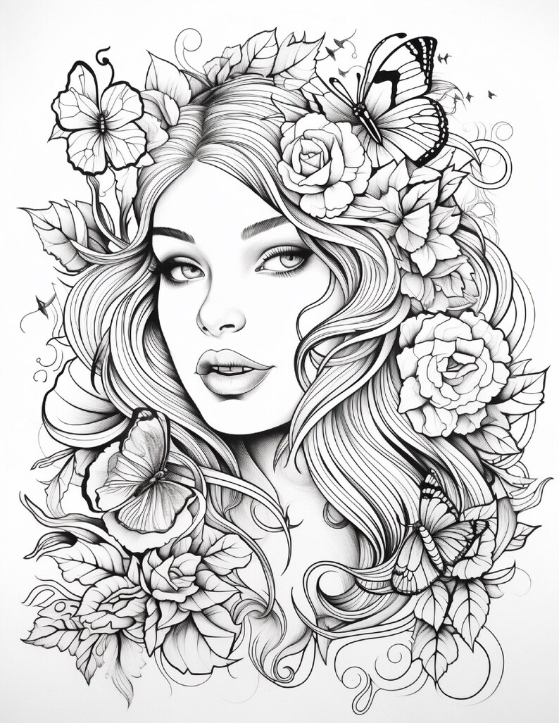 May include: A black and white line art illustration featuring a portrait of a person with long flowing hair adorned with multiple roses and three butterflies. The detailed drawing uses intricate linework to define facial features and petals.
