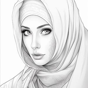 K&ouml;nnte beinhalten: Eine schwarz-wei&szlig;e Strichzeichnung eines Gesichts mit Hijab. Die Kopfbedeckung weist entlang der Stofffalten komplizierte, subtile florale Muster auf. Das Motiv hat detaillierte Augen, definierte Augenbrauen und weiche Gesichtsz&uuml;ge.