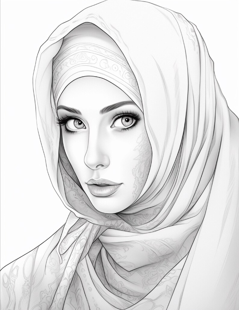 K&ouml;nnte beinhalten: Eine schwarz-wei&szlig;e Strichzeichnung eines Gesichts mit Hijab. Die Kopfbedeckung weist entlang der Stofffalten komplizierte, subtile florale Muster auf. Das Motiv hat detaillierte Augen, definierte Augenbrauen und weiche Gesichtsz&uuml;ge.