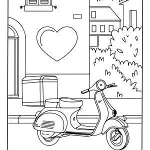Puede incluir: Una p&aacute;gina para colorear en blanco y negro con arte lineal que muestra un scooter estacionado en una calle frente a un edificio con el contorno de un coraz&oacute;n grande en la pared. La escena incluye una caja de almacenamiento en la parte trasera.