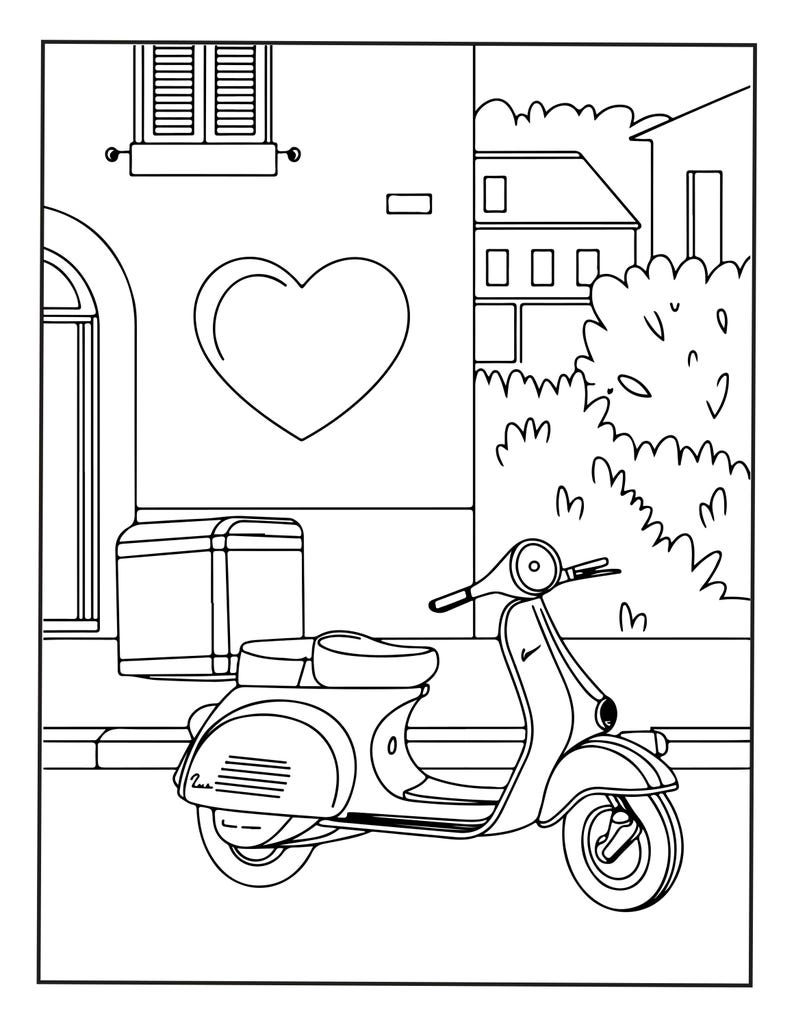 Puede incluir: Una p&aacute;gina para colorear en blanco y negro con arte lineal que muestra un scooter estacionado en una calle frente a un edificio con el contorno de un coraz&oacute;n grande en la pared. La escena incluye una caja de almacenamiento en la parte trasera.