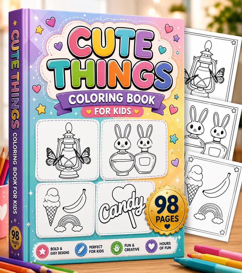 A coloring book cover titled "Cute Things Coloring Book for Kids" with four example illustrations and colored pencils scattered around it.
