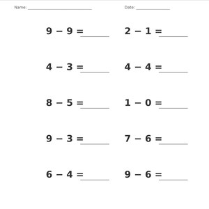 May include: A white educational worksheet titled Subtraction &bull; Single Digit with a gray header. It features ten single-digit subtraction problems arranged in two columns, with blank lines for a name, date, and answers. The footer reads Subtraction &bull; Single Digit Practice and Page 6 of 100.