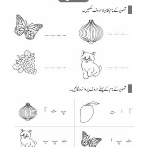 Peut inclure: Une feuille d'exercices &eacute;ducative en noir et blanc pr&eacute;sentant des dessins au trait d'un papillon, d'un oignon, d'une grappe de raisin et d'un chaton. La page inclut des instructions en ourdou et des lignes pour &eacute;crire, avec des exercices.