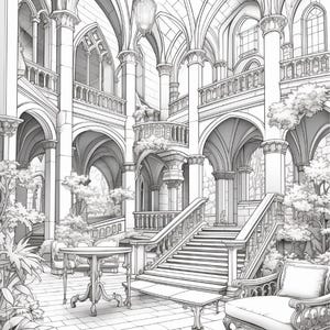 Puede incluir: Una ilustraci&oacute;n de arte lineal en blanco y negro de un gran espacio interior con techos abovedados altos, columnas de piedra y ventanas arqueadas. Una escalera central conduce a un balc&oacute;n superior, con muebles y plantas en macetas.
