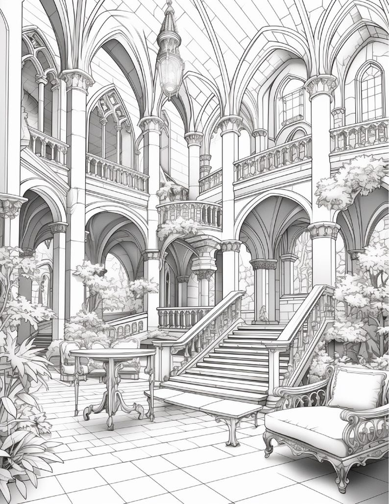 Puede incluir: Una ilustraci&oacute;n de arte lineal en blanco y negro de un gran espacio interior con techos abovedados altos, columnas de piedra y ventanas arqueadas. Una escalera central conduce a un balc&oacute;n superior, con muebles y plantas en macetas.
