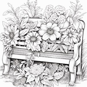 K&ouml;nnte beinhalten: Eine schwarz-wei&szlig;e Strichzeichnung einer h&ouml;lzernen Gartenbank, die von verschiedenen bl&uuml;henden Blumen und &uuml;ppigem Blattwerk &uuml;berquillt. Die detaillierte Zeichnung zeigt gro&szlig;e g&auml;nsebl&uuml;mchenartige Bl&uuml;ten, bl&auml;ttrige St&auml;ngel und dichtes Gr&uuml;n.