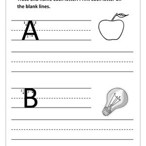 May include: A black and white educational worksheet featuring the text Trace and name each letter. Print each letter on the blank lines. It displays the uppercase letter A with numbered stroke guides next to an apple, and the letter B next to a lightbulb.