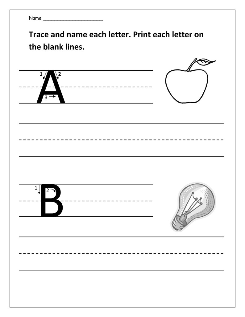 May include: A black and white educational worksheet featuring the text Trace and name each letter. Print each letter on the blank lines. It displays the uppercase letter A with numbered stroke guides next to an apple, and the letter B next to a lightbulb.