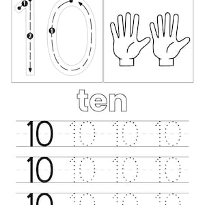 May include: A black and white educational worksheet for learning the number 10. It features a large number 10 with directional arrows, two hand illustrations, the word ten, and three rows of practice lines with the number 10 for tracing.