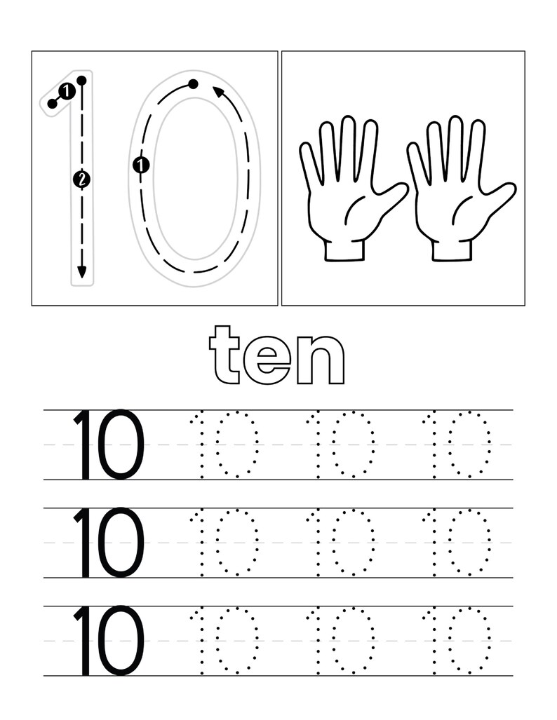 May include: A black and white educational worksheet for learning the number 10. It features a large number 10 with directional arrows, two hand illustrations, the word ten, and three rows of practice lines with the number 10 for tracing.